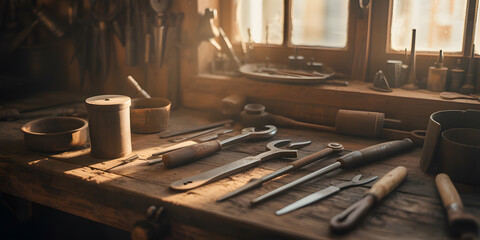 Vintage carpenter tools: rusty hammer and old metal anvil for wood work and construction repair