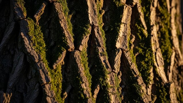 Closeup of tree bark with green moss growing in the crevices illuminated by warm sunlight