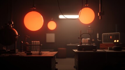 A dimly lit laboratory with orange lights and scientific equipment.