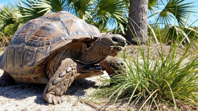 Gopher Tortoise Eating Grass in Sunny Environment