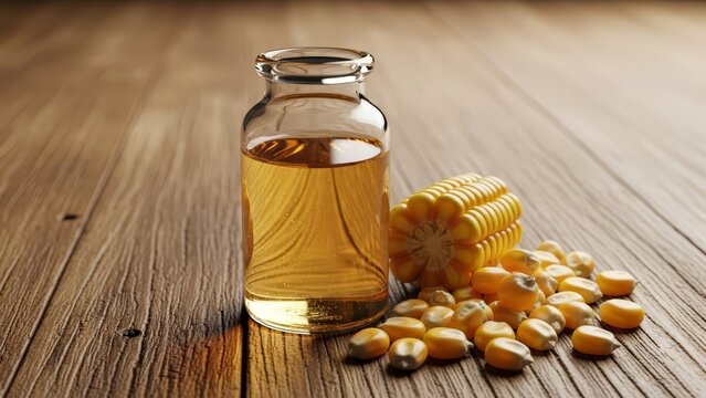 Corn oil in a glass jar is next to an ear of corn and loose kernels on a rustic wooden surface
