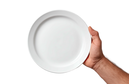 Hand holding empty white ceramic plate, isolated on black background