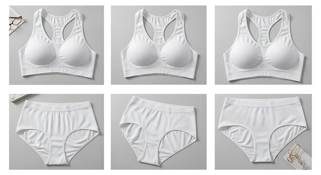 White lingerie set collection bra and panties on gray surface