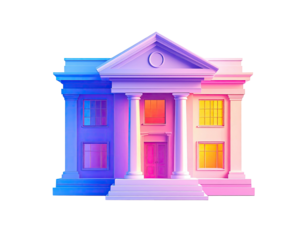 Neon bank building with columns and steps.