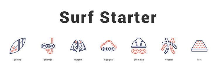 Surf Starter Modern and clean web banner illustration featuring thematic icons for visual communication © Mia