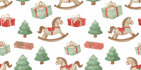 Watercolor christmas seamless pattern with rocking horses trees and gifts