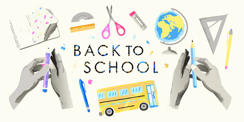 Back to school illustration with school supplies and hands