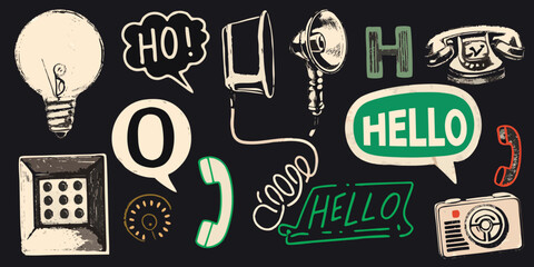 Retro communication icons and speech bubbles on black background