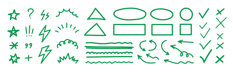 Obraz premium Line mark icon pack. Pencil crayon arrows, cross sign, text quote frames, stars and check emphasis elements for infographic text design. Hand drawn line check mark elements. Vector illustration