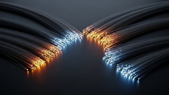 Fiber optic strands glow orange  blue neatly arrayed on dark surface creating contrast