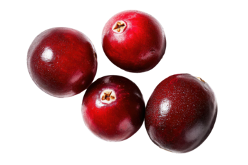 Four glossy, ripe red berries with dark centers
