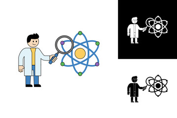 Cartoon scientist examining an atom model with a magnifying glass, symbolizing scientific research, discovery, and education in physics and chemistry concepts