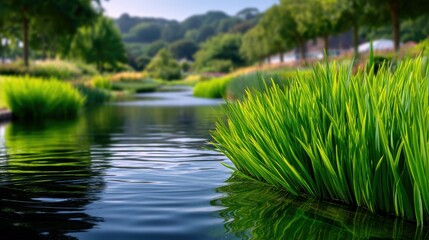Vibrant green reeds grow along the edge of a tranquil waterway in a park, with soft sunlight illuminating the scene and trees in the blurred background.