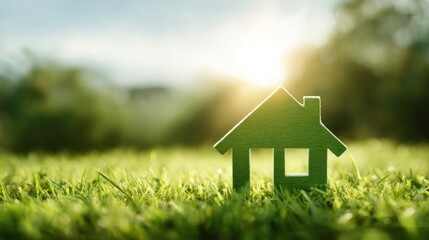 A small green house model sits on vibrant grass illuminated by warm sunlight during the golden hour highlighting themes of sustainability and nature in home design.