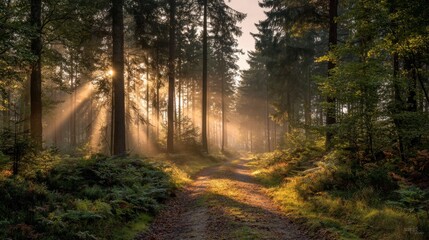 Naklejka premium Golden rays of sunlight pour through tall trees in a tranquil forest casting a warm glow on the winding path. Morning mist adds to the peaceful atmosphere.