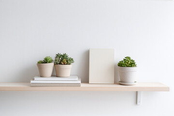 Fototapeta premium Minimalist wooden shelf with succulent plants and books