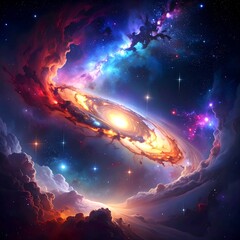 Cosmic illustration showing a galaxy and vibrant celestial phenomena