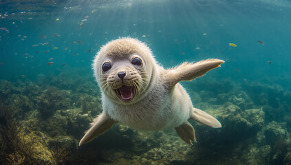 cute baby seal swimming underwater with joyful expression and wide smile surrounded by clear blue ocean creating an adorable wildlife scene full of playful energy and marine life charm