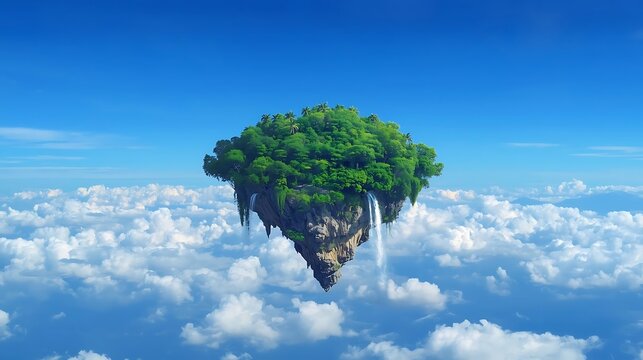 Surreal floating island with tree in blue cloudy sky background - Powered by Adobe