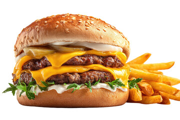 Mouthwatering double cheeseburger with crispy fries