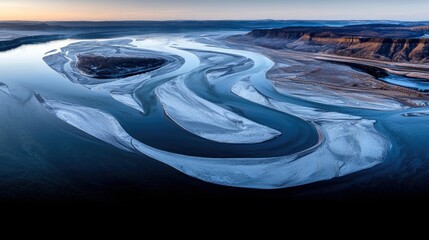 An aerial view of a wide, meandering river with numerous sandbars and islands, set against a backdrop of rugged hills under a soft dawn sky.