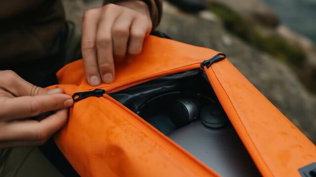 Hands zipping an orange waterproof bag revealing a laptop and electronics