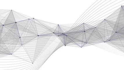 Abstract Dynamic White Tech Background with Grey Wireframe Wave with Polygonal Mesh. Futuristic Data Flow, Neural Network Concept, & 3D Geometry for Business Presentations. © Sanatçi