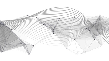 Abstract Dynamic White Tech Background with Grey Wireframe Wave with Polygonal Mesh. Futuristic Data Flow, Neural Network Concept, & 3D Geometry for Business Presentations. © Sanatçi