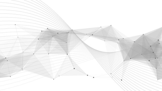 Abstract Dynamic White Tech Background with Grey Wireframe Wave with Polygonal Mesh. Futuristic Data Flow, Neural Network Concept, & 3D Geometry for Business Presentations.