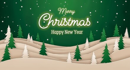 christmas greeting card : Paper Cut Style Detailed Festive Layered Christmas and New Year Landscape Scene with Pine Tree,  Scene Christmas Holiday Illustration	