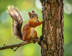 Obraz premium Alert Red Squirrel Perched on Branch Near Tree Trunk.