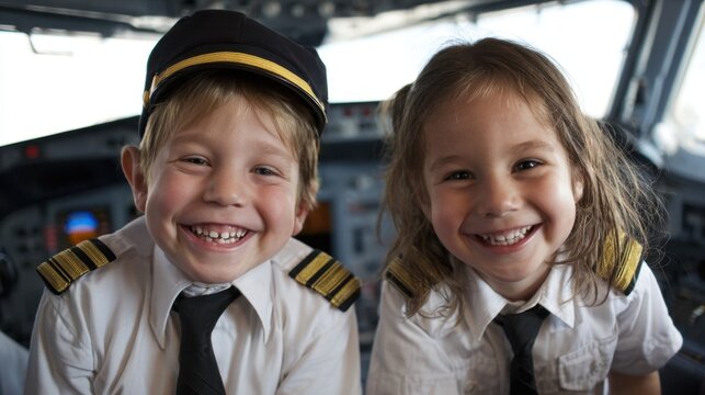 Two smiling children dressed as pilots sit together in the cockpit of an airplane. They are enjoying a fun experience at an aviation event filled with laughter and excitement.