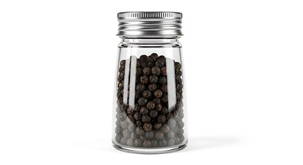 Glass pepper shaker filled with whole black peppercorns for culinary use.