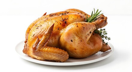 Golden roasted whole chicken with crispy skin, seasoned herbs on white plate.