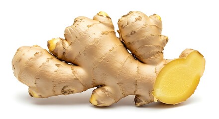 Fresh whole and sliced ginger root isolated on white, healthy culinary spice.