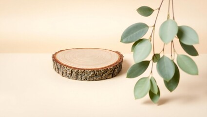Natural wood slice podium with eucalyptus leaves on a soft beige background