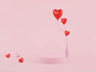 Red heart shaped balloons floating from a pink podium on a soft pink background