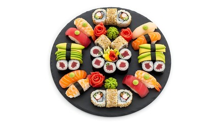Delicious fresh assorted sushi and maki platter on black plate, overhead view.