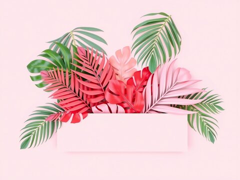Tropical leaves arrangement with blank white space for text on pink background - Powered by Adobe