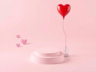 Romantic pink studio background with a red heart balloon and cake pedestal