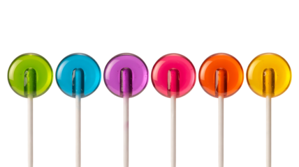 Row of six colorful translucent hard candy lollipops on white sticks isolated on transparent background