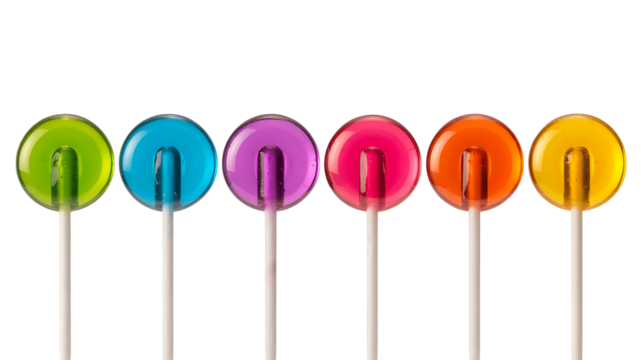Row of six colorful translucent hard candy lollipops on white sticks isolated on transparent background