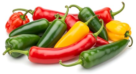 Fresh vibrant bell peppers, jalapeños, and various chili peppers on white.