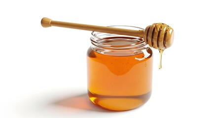 Delicious pure golden honey dripping from a wooden dipper into clear glass jar.