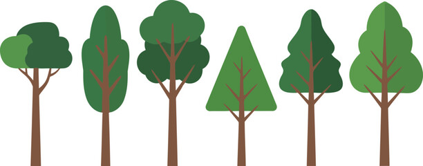 Set of six flat design green trees of various shapes