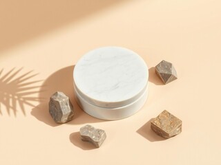 Minimalist product shot of a white jar surrounded by natural stones and palm leaf shadow
