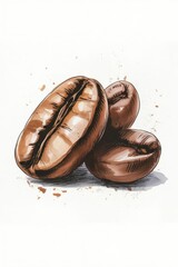 Illustration showcasing three coffee beans with detailed texture and color on a plain background