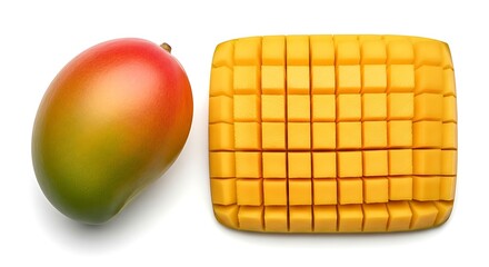 Whole ripe mango alongside a perfectly diced mango half, vibrant tropical fruit.