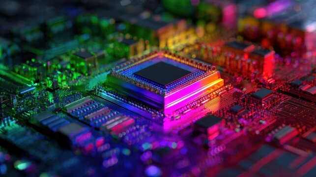 A close up view of a circuit board featuring various electronic components. The board emits vibrant colors showcasing a modern technology design illuminated creatively.
