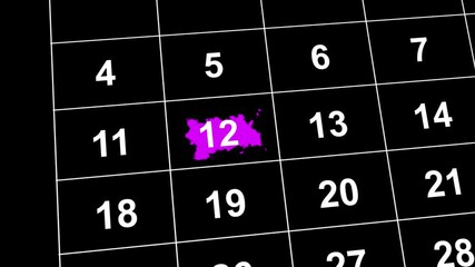 Highlighting date number 12 on a calendar, with a  Ink bloom or paint stain and red cross mark emphasizing an important reminder or scheduled event. Marking the date number 12th , focusing the number.
